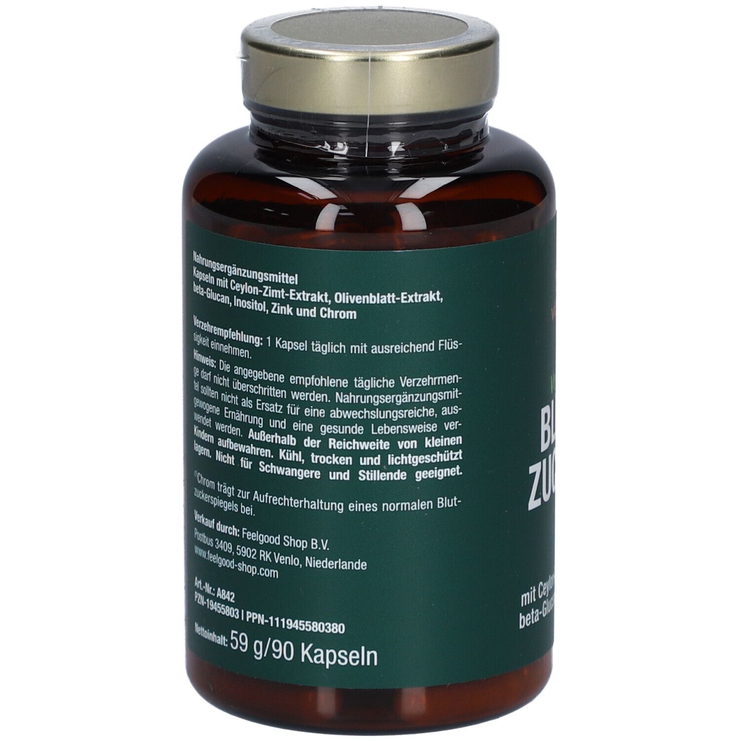 Retro del flacone di capsule con testo. Contiene estratto di cannella di Ceylon, estratto di foglie di ulivo, inositolo, cromo, zinco. Logo vitactiv.