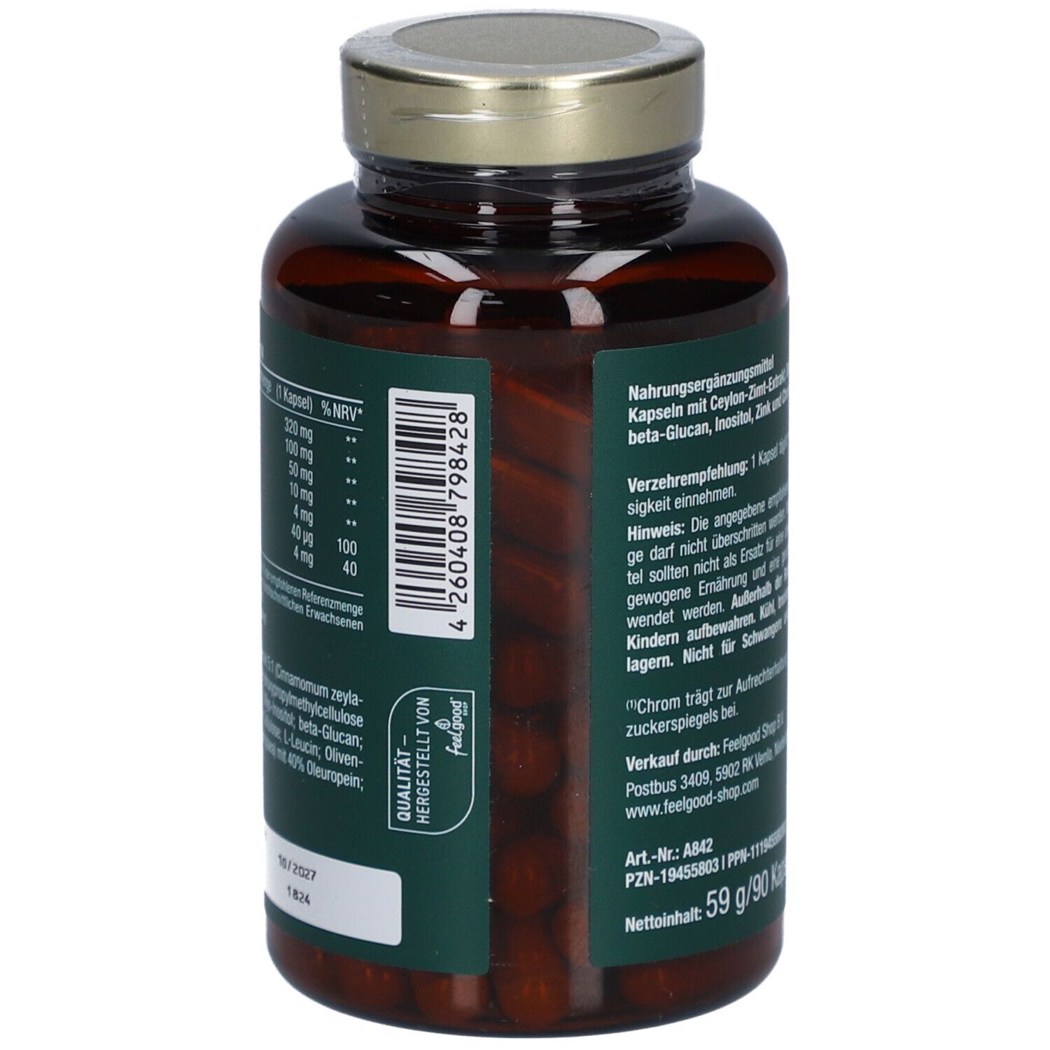 Retro del flacone di capsule con testo. Contiene estratto di cannella di Ceylon, estratto di foglie di ulivo, inositolo, cromo, zinco. Logo vitactiv.