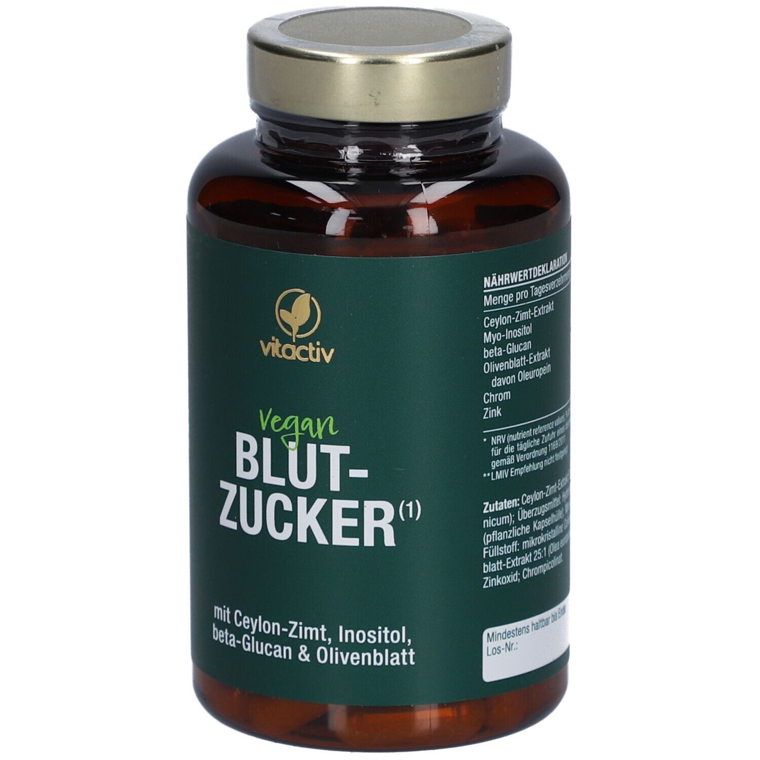 Flacone marrone con coperchio dorato. Scritta: vitactiv Vegan Blutzucker. Contiene cannella di Ceylon, inositolo, beta-glucano e foglie di ulivo.