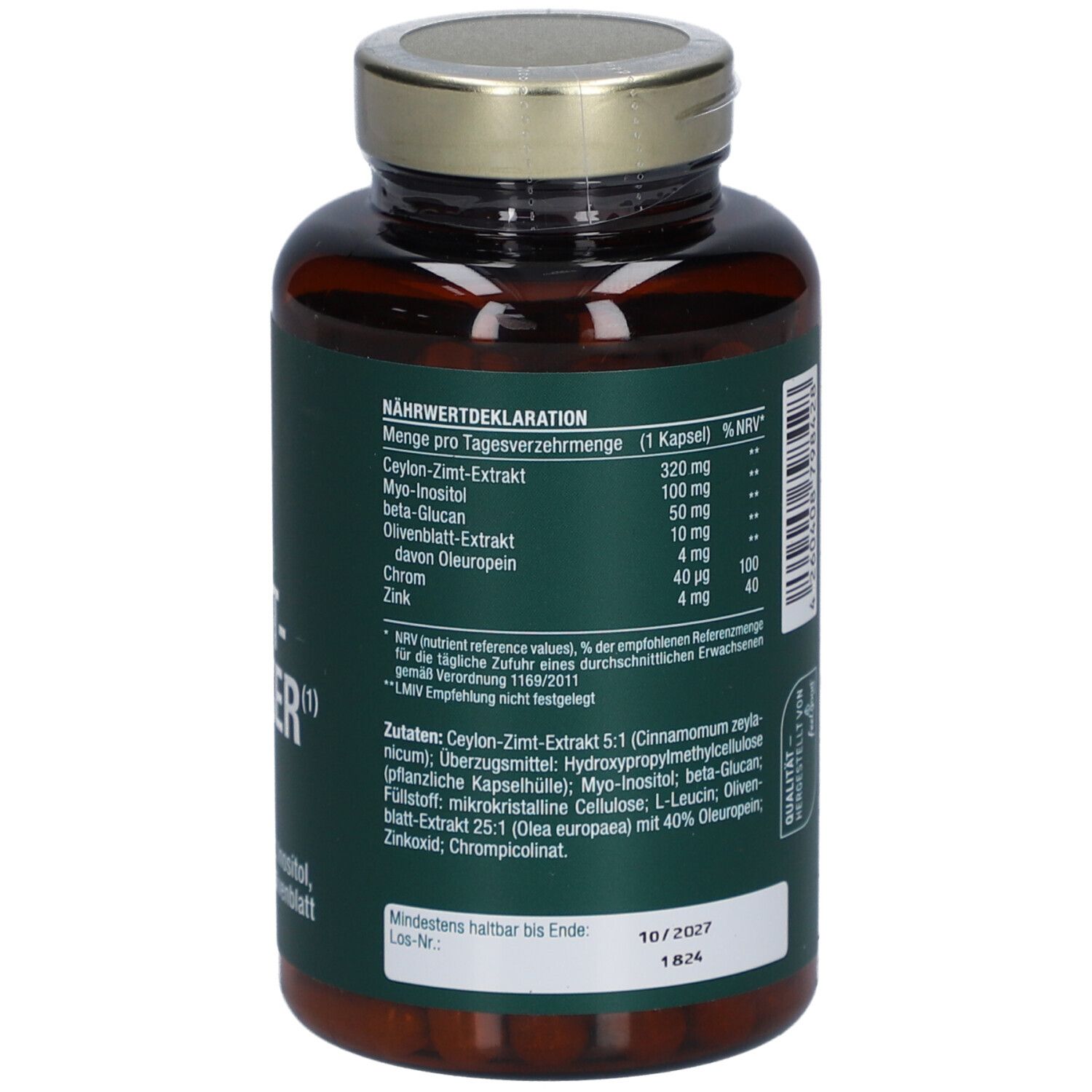 Retro del flacone di capsule con dichiarazione nutrizionale ed elenco ingredienti. vitactiv Vegan Blutzucker.
