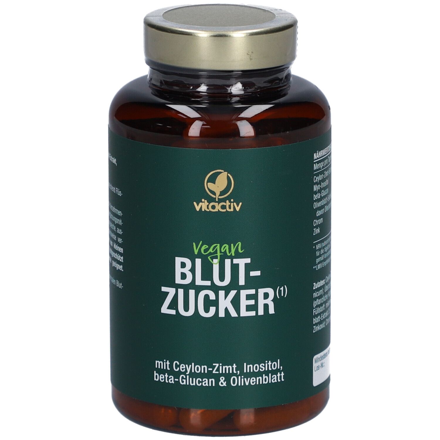 Flacone marrone con coperchio dorato. Scritta: vitactiv Vegan Blutzucker. Contiene cannella di Ceylon, inositolo, beta-glucano e foglie di ulivo.