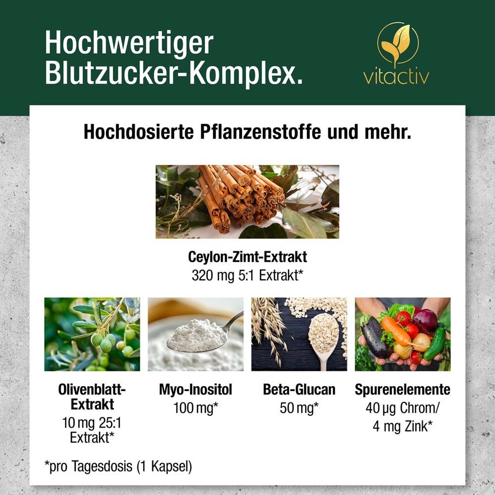 Grafica con ingredienti: estratto di cannella di Ceylon, estratto di foglie di ulivo, myo-inositolo, beta-glucano, oligoelementi. Logo vitactiv.