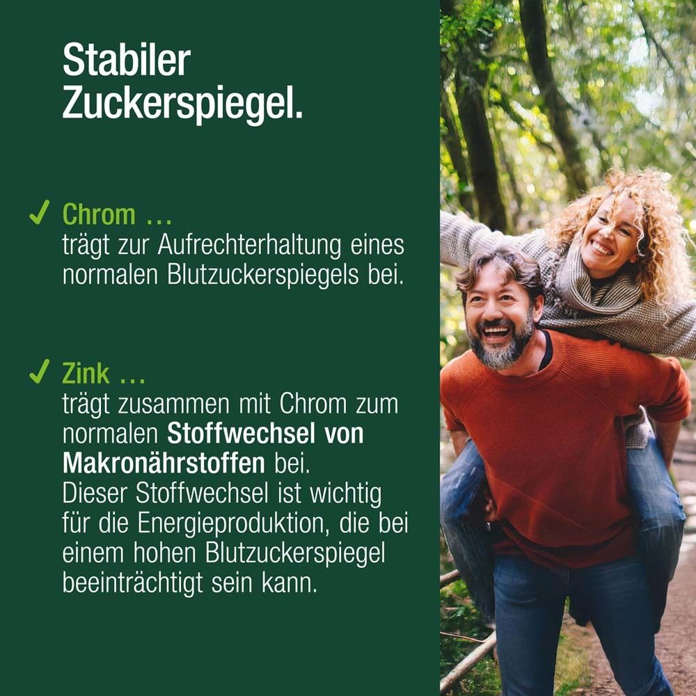Due persone nel bosco. Testo: Stabiler Zuckerspiegel. Cromo e zinco contribuiscono al mantenimento di una glicemia normale.