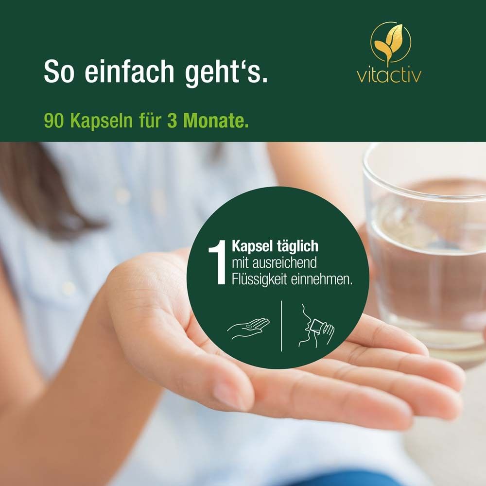 Mano con capsula e bicchiere d'acqua. Testo: È così semplice. Assumere 1 capsula al giorno con una quantità sufficiente di liquido.