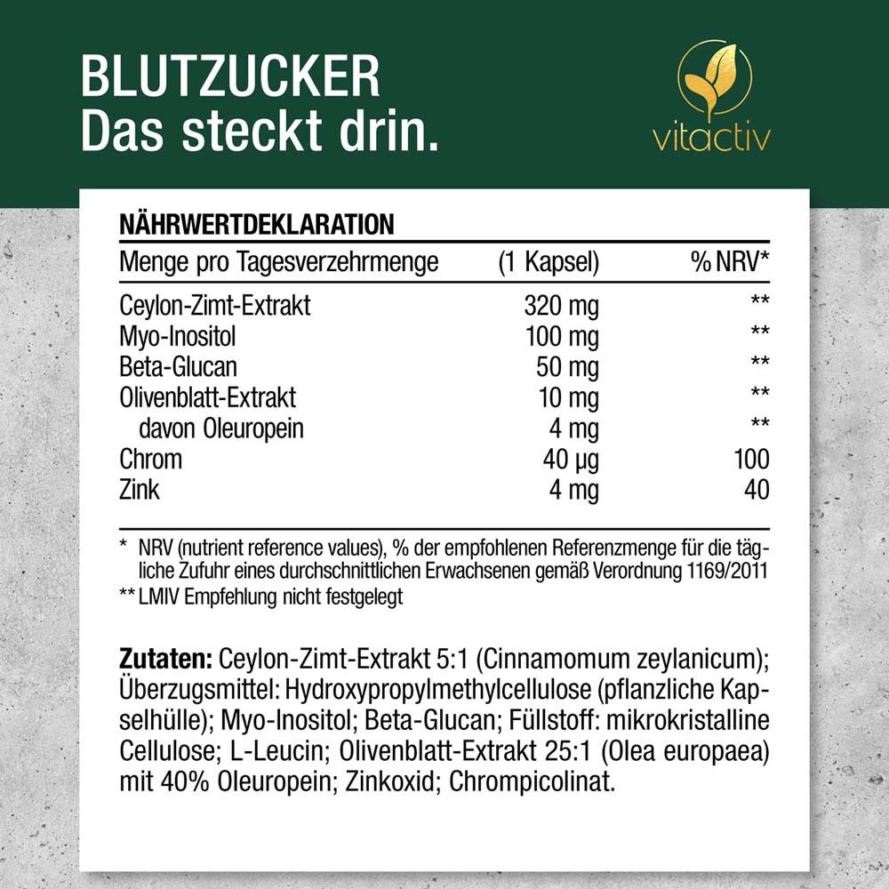Dichiarazione nutrizionale: estratto di cannella di Ceylon, myo-inositolo, beta-glucano, estratto di foglie di ulivo, cromo, zinco. Elenco ingredienti.