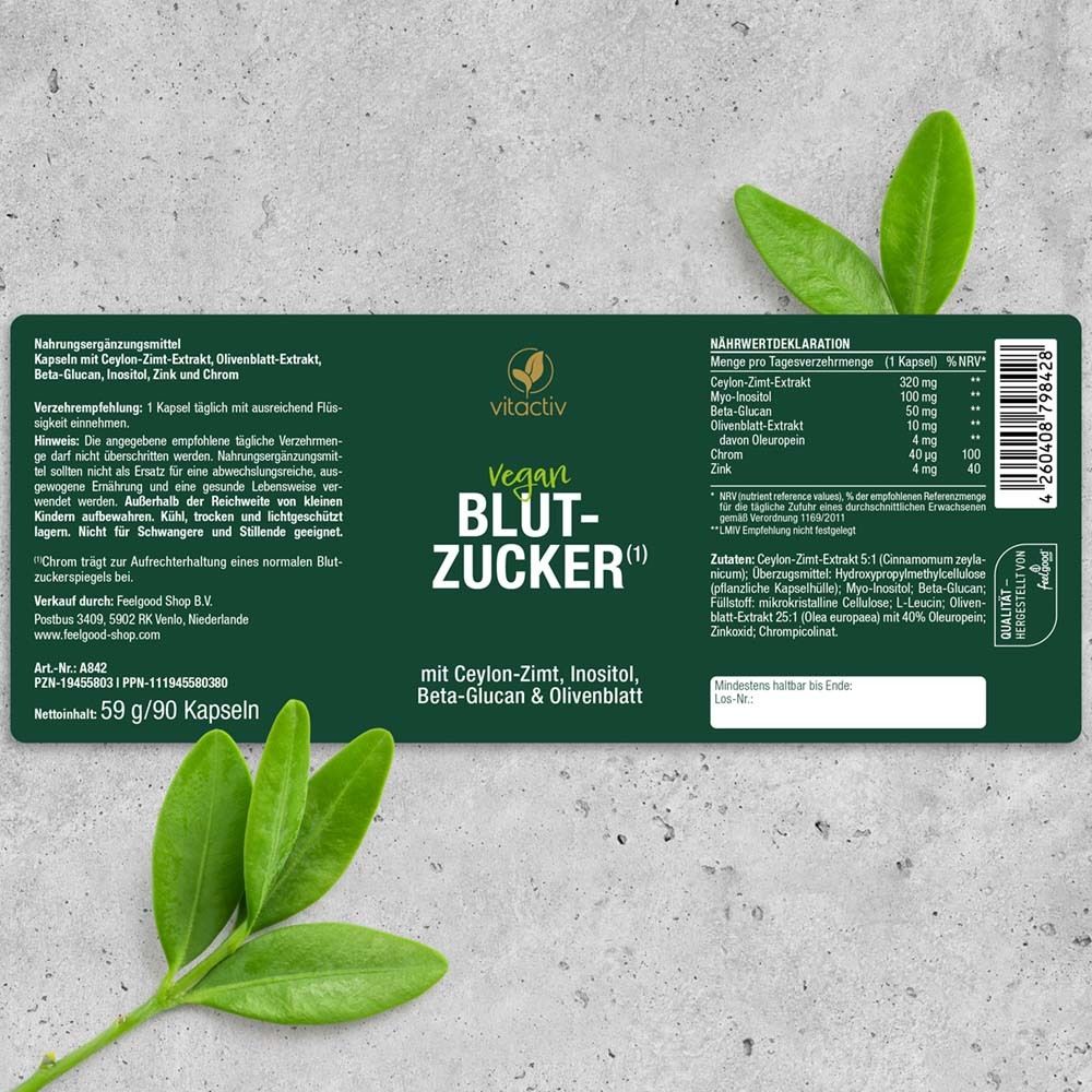 Confezione del prodotto. Retro del flacone di capsule con dichiarazione nutrizionale ed elenco ingredienti. vitactiv Vegan Blutzucker.