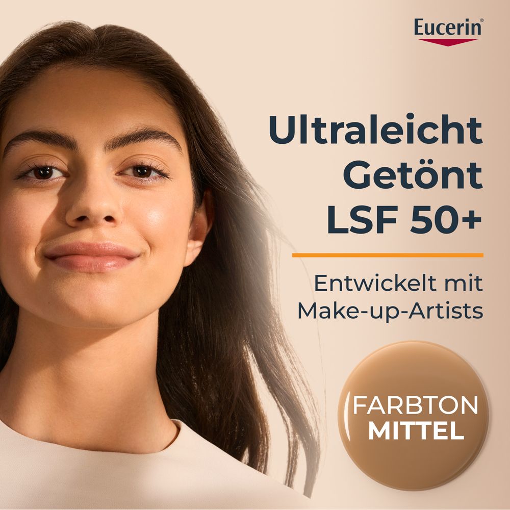 Donna con fluido colorato. Testo: Ultraleggero Colorato SPF 50+. Tonalità Media. Sviluppato con make-up artist.