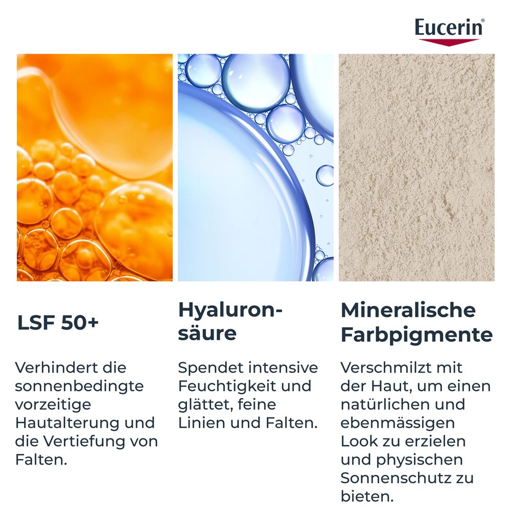 Primi piani degli ingredienti: SPF 50+, acido ialuronico, pigmenti minerali. Testo.
