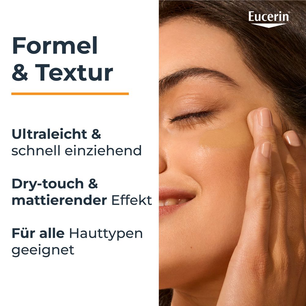 Donna applica fluido colorato. Testo: Formula & Texture: Ultraleggero, rapido assorbimento, dry-touch, opacizzante.