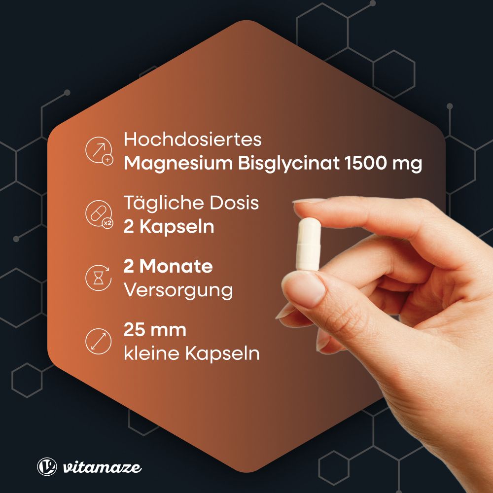 Bisglicinato di magnesio ad alto dosaggio 1500 mg, dose giornaliera 2 capsule, scorta 2 mesi, capsula piccola 25 mm.