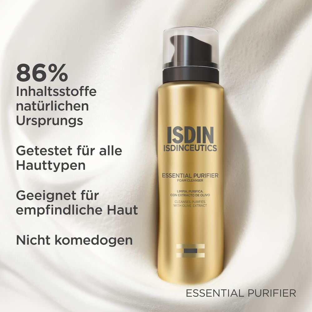 Flacone dorato. Testo: 86% ingredienti di origine naturale. Testato per tutti i tipi di pelle. Non comedogeno.