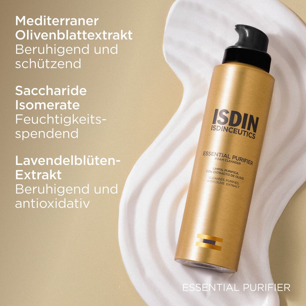 Flacone dorato con schiuma. Testo: Estratto di foglie d'olivo mediterraneo. Isomerato di saccaridi. Estratto di lavanda.