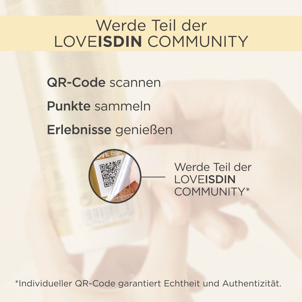 Codice QR su flacone. Testo: Entra nella community LOVEISDIN. Scansiona il codice QR. Raccogli punti. Goditi.