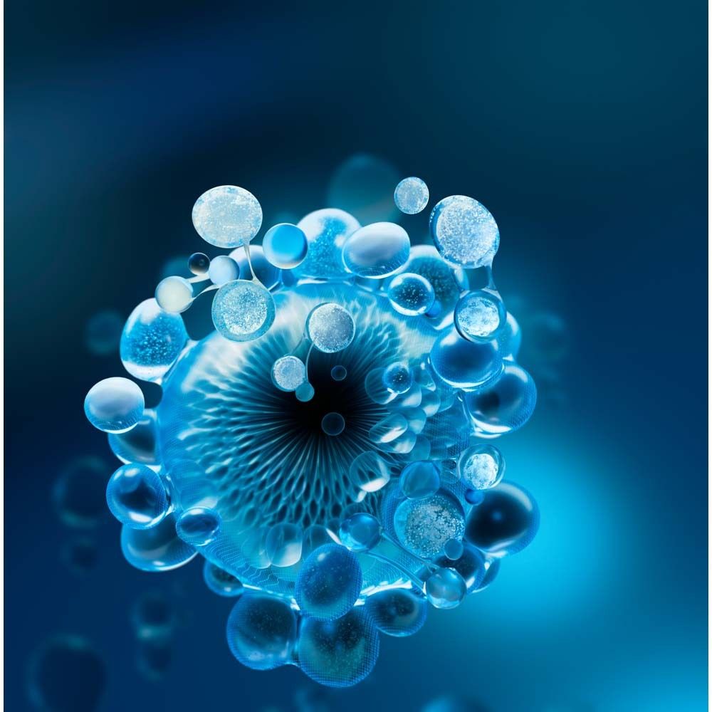 Rappresentazione astratta di elementi sferici blu sovrapposti.