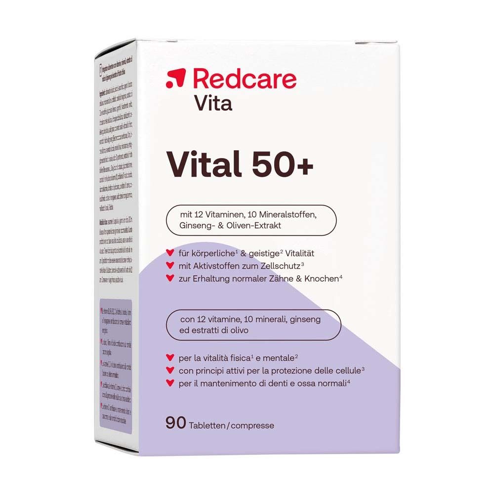 Scatola di Redcare Vita Vital 50+ con 90 compresse. Contiene 12 vitamine, 10 minerali, ginseng ed estratto di oliva. Testo in tedesco e italiano.