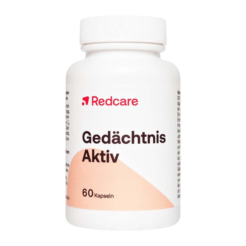 Flacone bianco di Redcare Gedächtnis Aktiv. 60 capsule. Tappo rosso. Testo in tedesco.