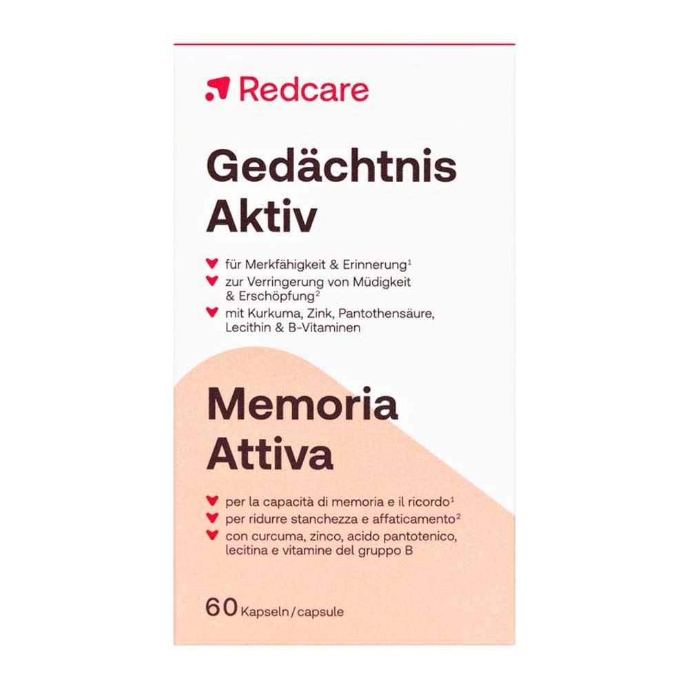 Confezione di Redcare Gedächtnis Aktiv. Contiene 60 capsule. Testo in tedesco e italiano.