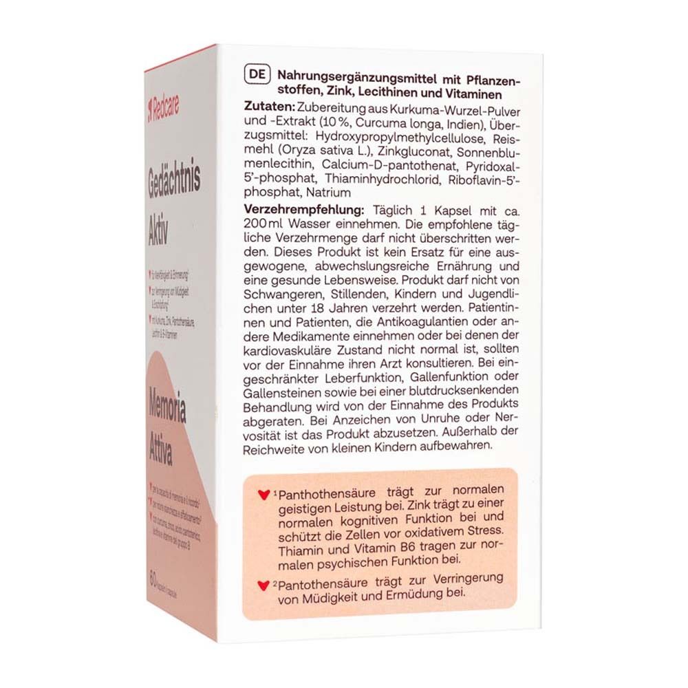 Retro della confezione Redcare Gedächtnis Aktiv. Testo in tedesco. Ingredienti e uso.