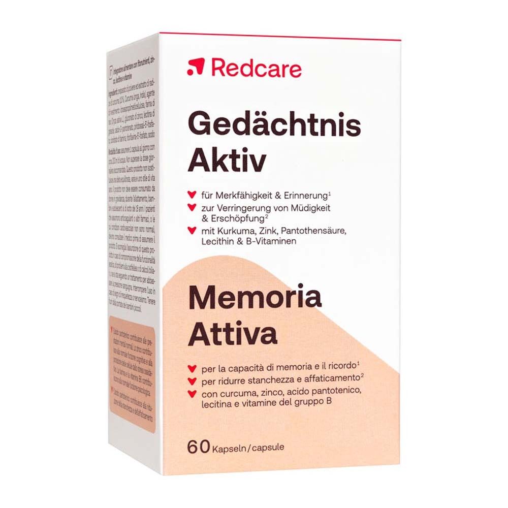 Confezione di Redcare Gedächtnis Aktiv. Contiene 60 capsule. Testo in tedesco e italiano.