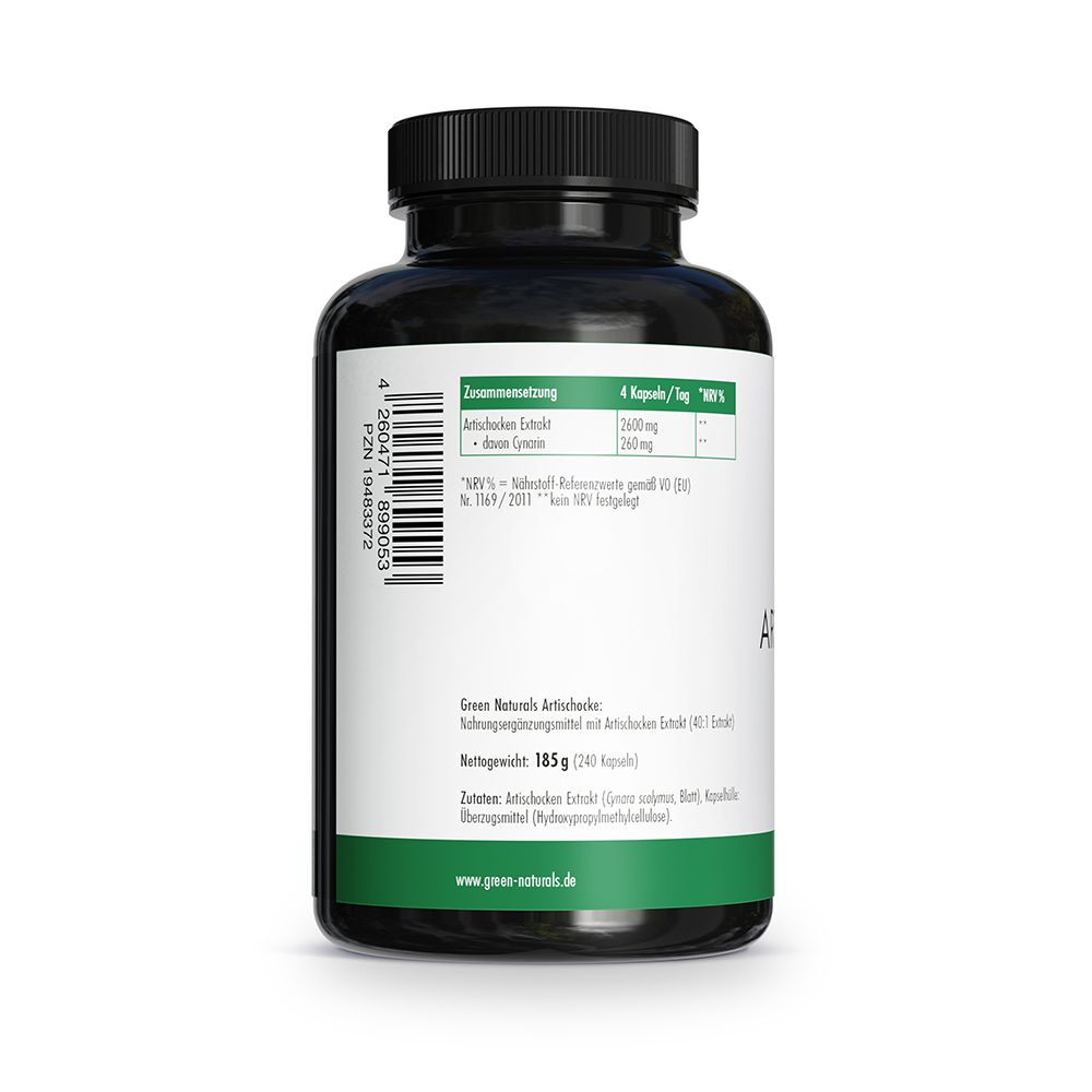 Retro del contenitore: Ingredienti Estratto di carciofo 2600mg, 40:1. Peso netto 185g (240 capsule).