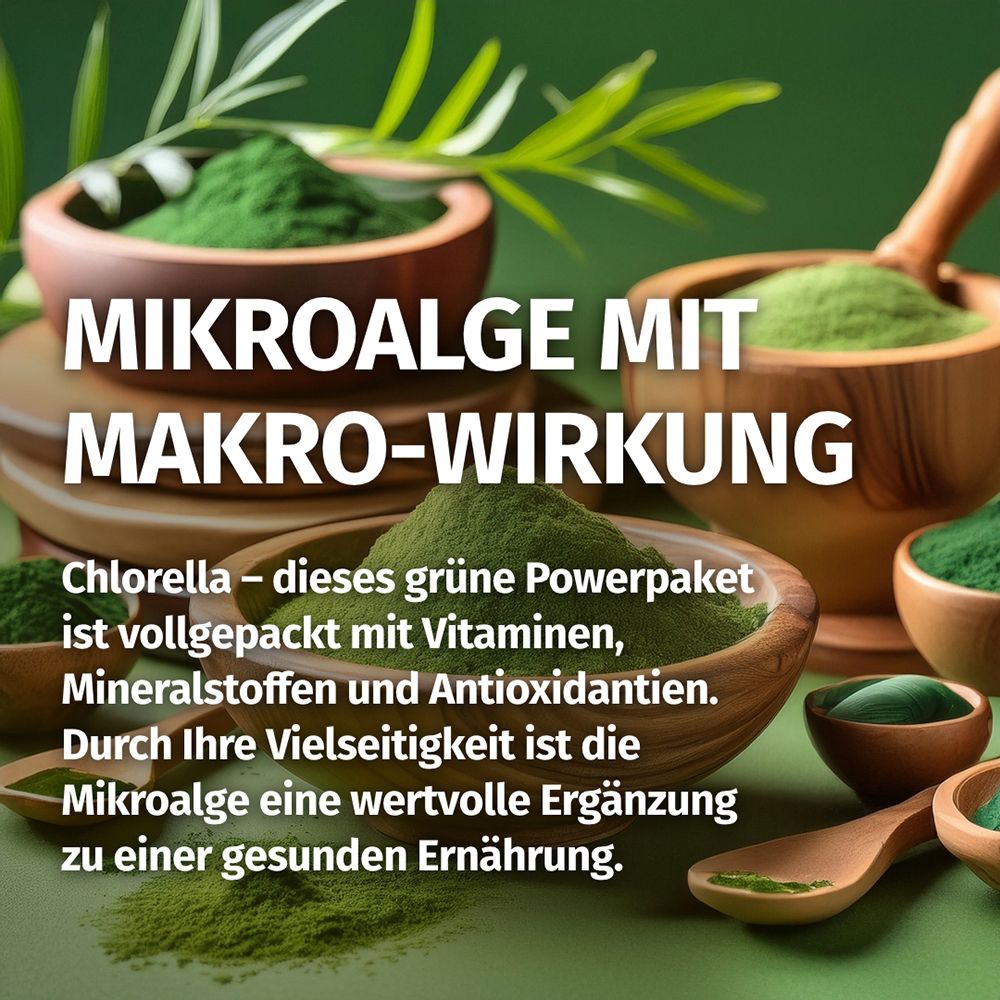 Polvere verde di microalghe in ciotole di legno. Clorella: Ricca di vitamine, minerali, antiossidanti.