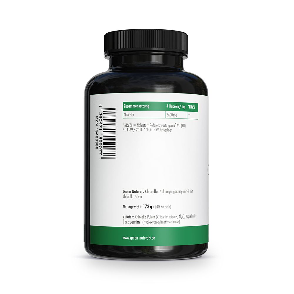 Retro di un contenitore di Clorella con informazioni nutrizionali e ingredienti. 173g (240 capsule).