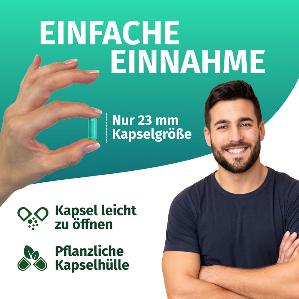 Assunzione semplice: Mano che tiene una capsula da 23 mm. Un uomo sorride. "Capsula facile da aprire", "Involucro capsula vegetale".