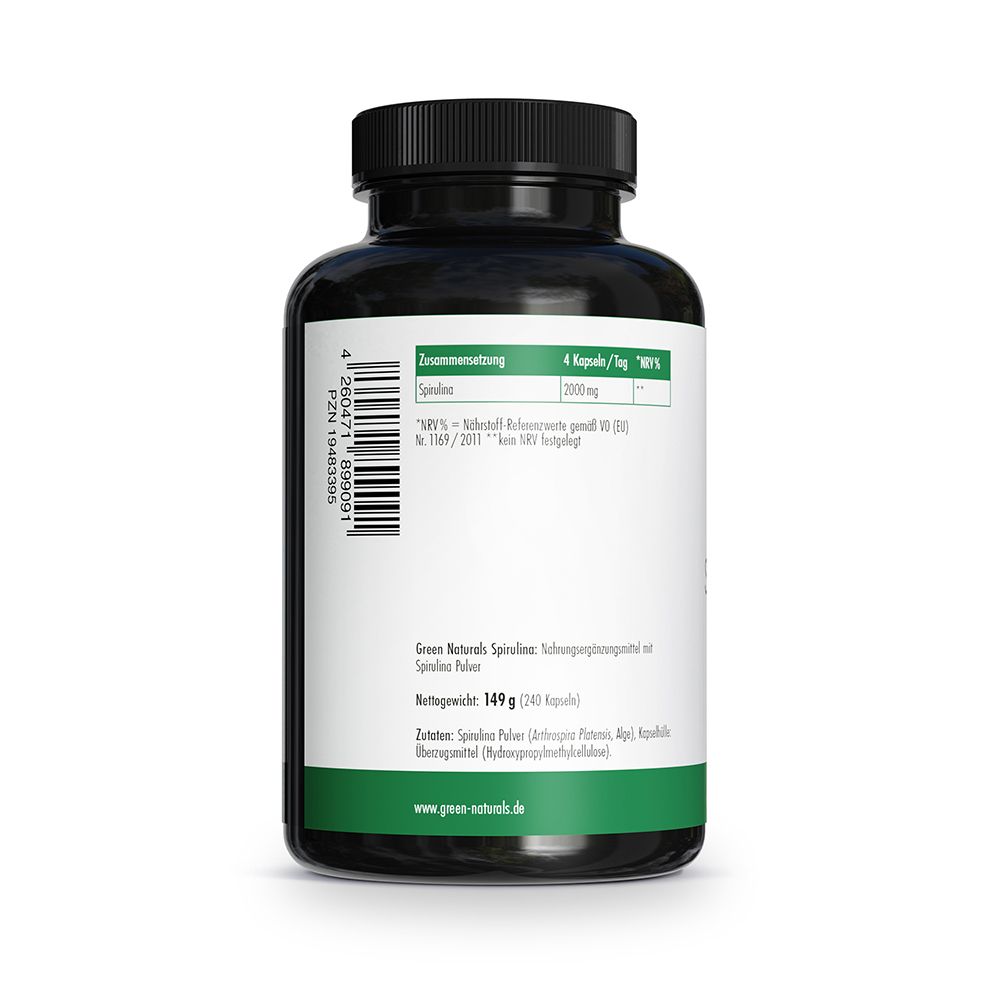 Retro barattolo: Etichetta con "Composizione", "Spirulina 2000mg", "240 Capsule".