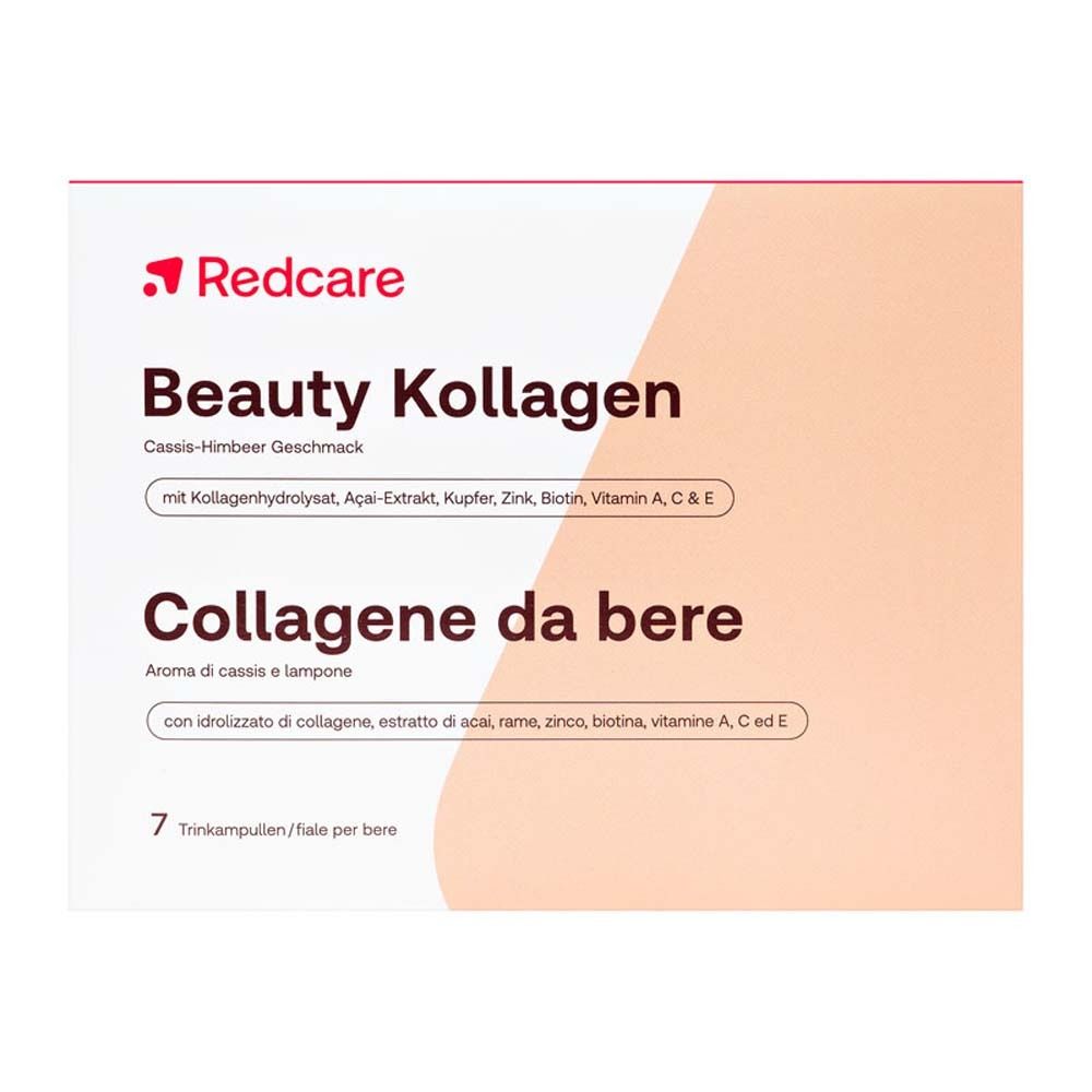 Scatola Redcare Beauty Kollagen. Scritta: Beauty Kollagen, gusto ribes nero-lampone, 7 fiale bevibili.