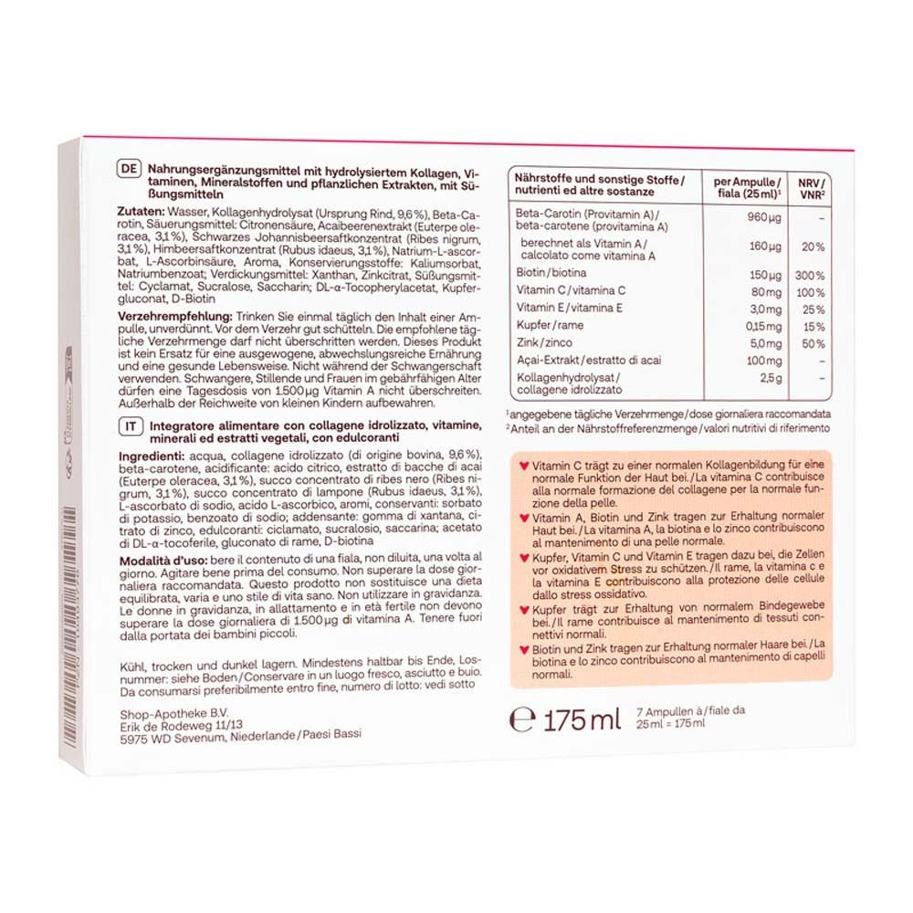 Retro della scatola Redcare Beauty Kollagen. Testo con ingredienti e informazioni nutrizionali.