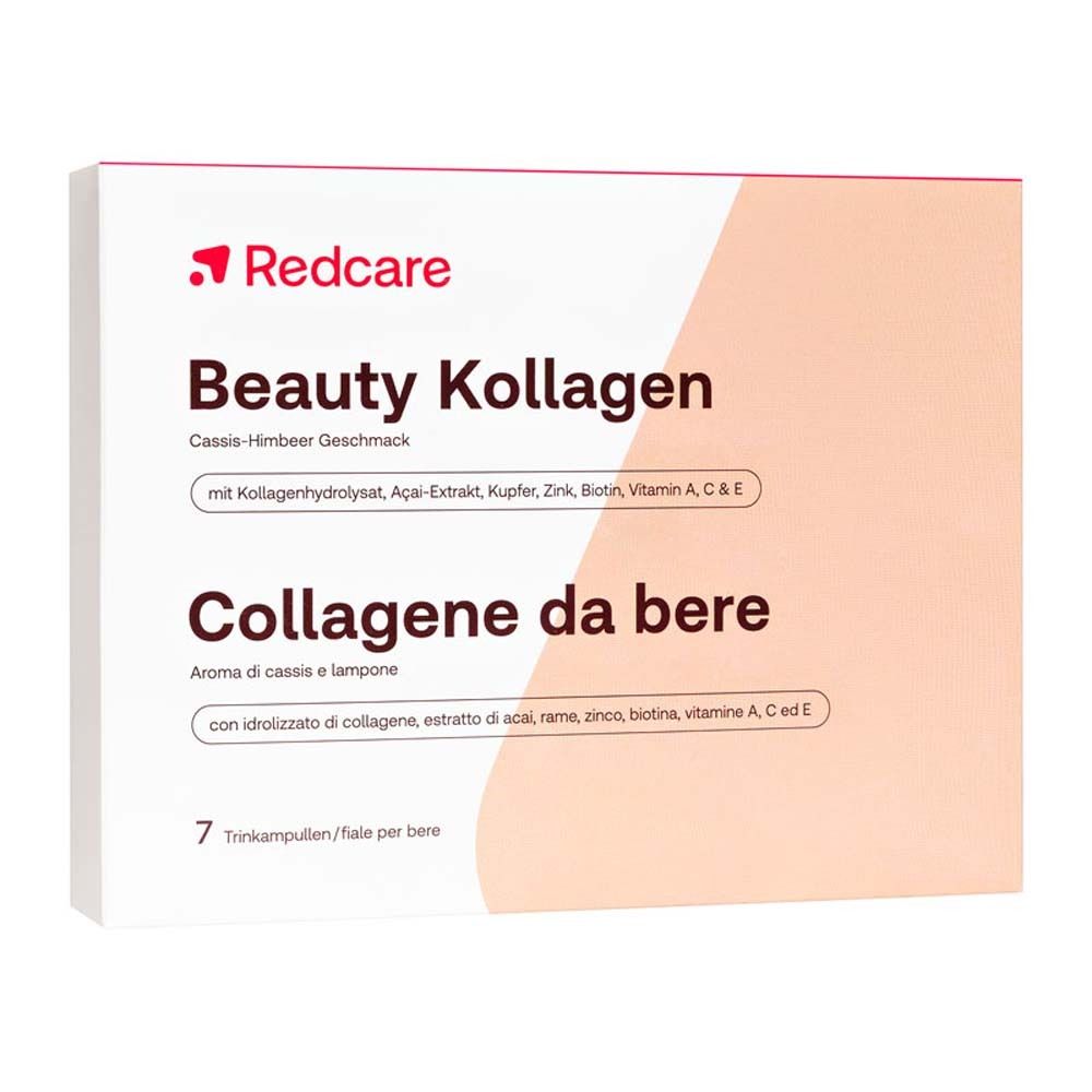 Scatola Redcare Beauty Kollagen. Scritta: Beauty Kollagen, gusto ribes nero-lampone, 7 fiale bevibili.