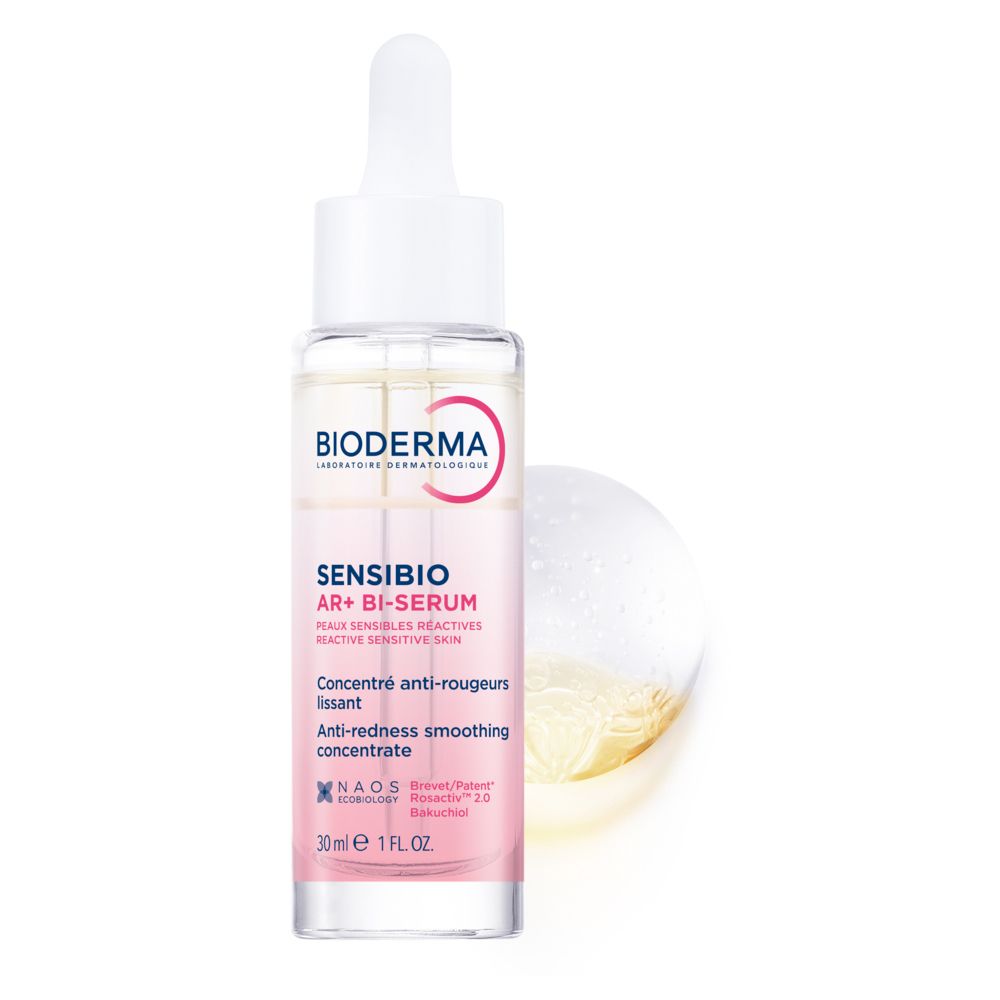 BIODERMA Sensibio AR+ Bi-Serum. Pipetta rimossa dal flacone. Liquido rosa e trasparente.