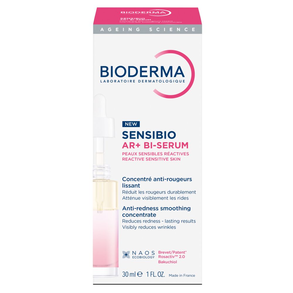 BIODERMA Sensibio AR+ Bi-Serum. Liquido con pipetta. Liquido rosa e trasparente.