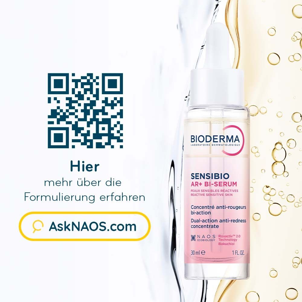 BIODERMA Sensibio AR+ Bi-Serum. Flacone con codice QR e indirizzo AskNAOS.com.