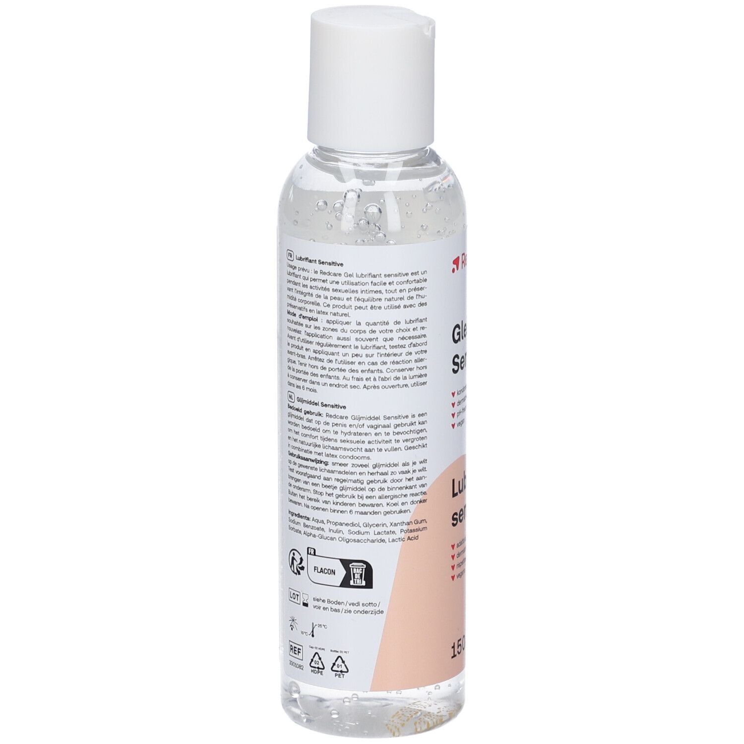 Retro del flacone. Etichetta con informazioni sul prodotto, ingredienti e dettagli del produttore. Testo multilingue.