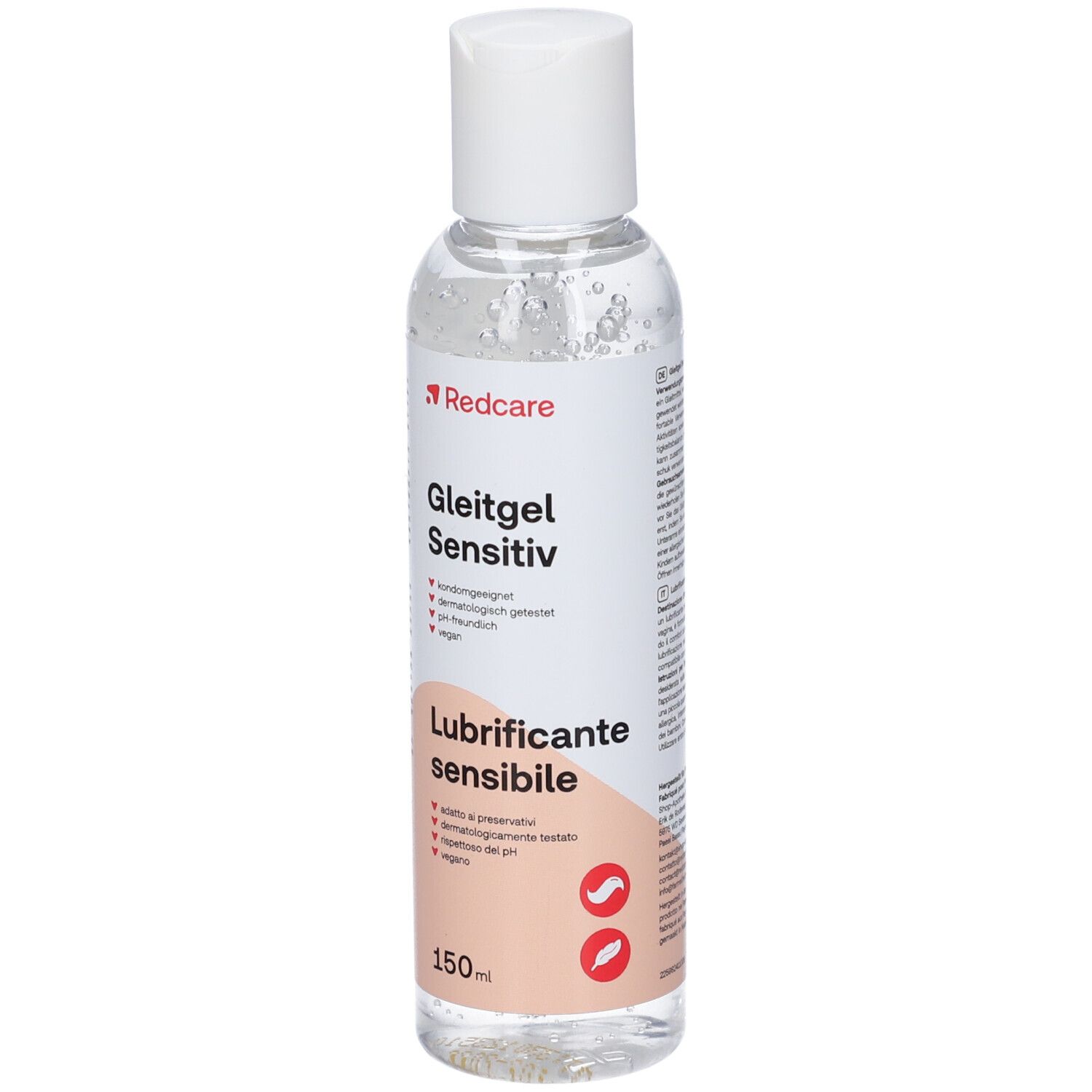 Flacone trasparente con tappo bianco. Etichetta con nome prodotto, marchio Redcare e informazioni. 150ml.