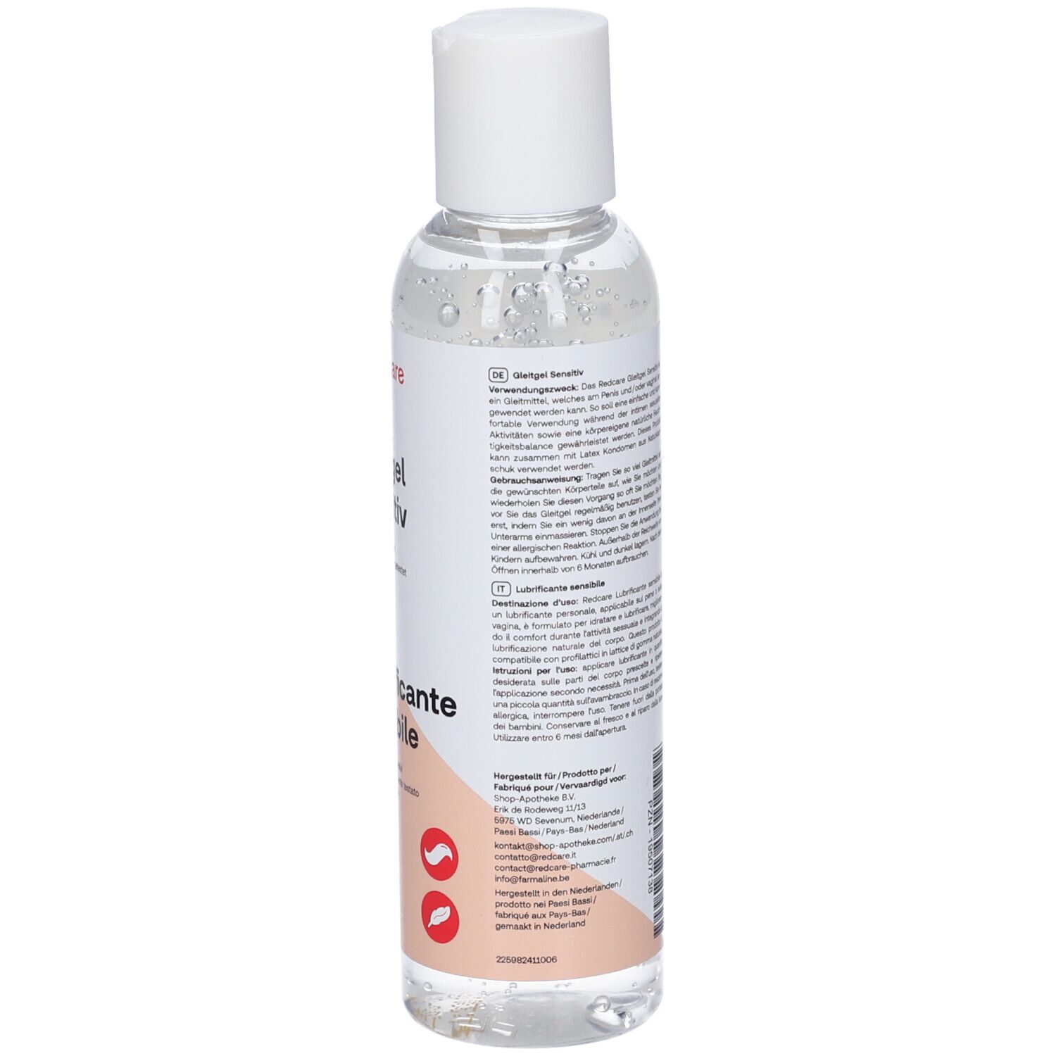 Retro del flacone. Etichetta con informazioni sul prodotto, ingredienti e dettagli del produttore. Testo multilingue.