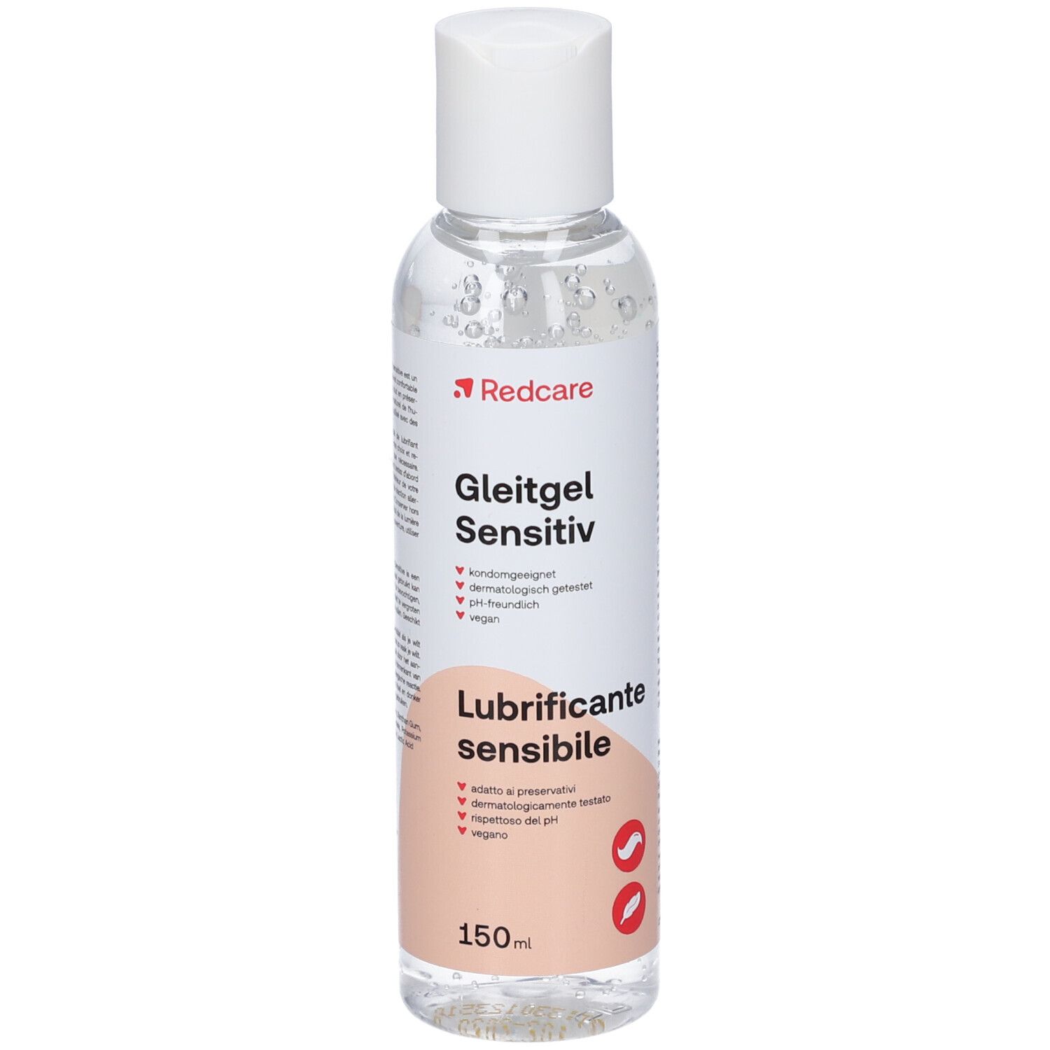 Flacone trasparente con tappo bianco. Etichetta con nome prodotto, marchio Redcare e informazioni. 150ml.