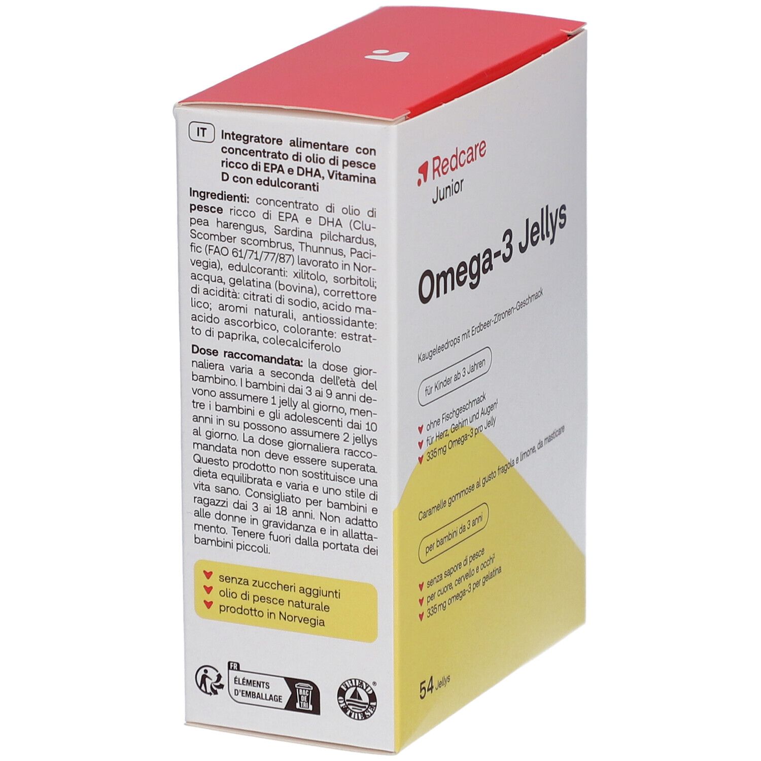 Scatola di Redcare Junior Omega-3 Jellys. Scritto: Omega-3 Jellys, per bambini dai 3 anni. 54 Jellys.