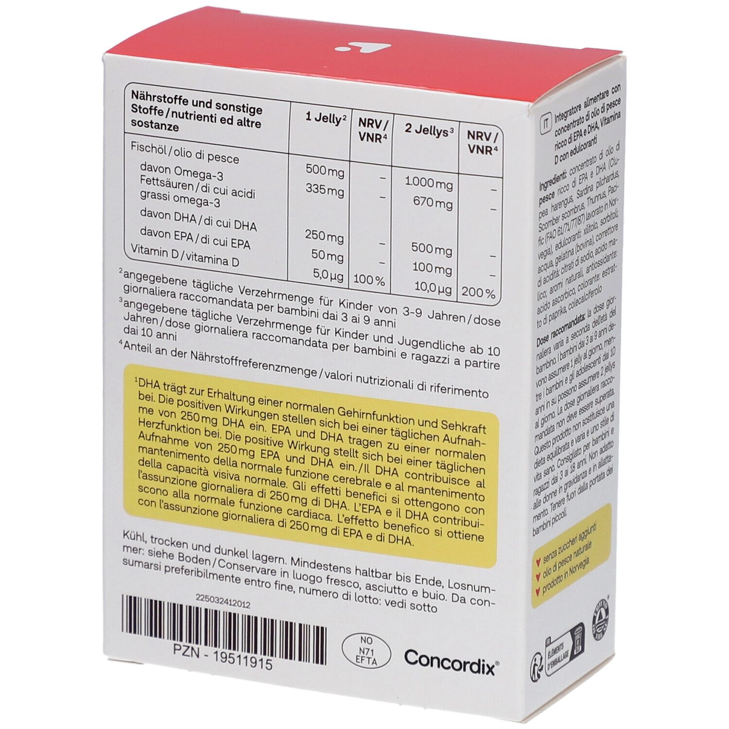 Retro della scatola con informazioni nutrizionali per Redcare Junior Omega-3 Jellys. Informazioni in tedesco e italiano.