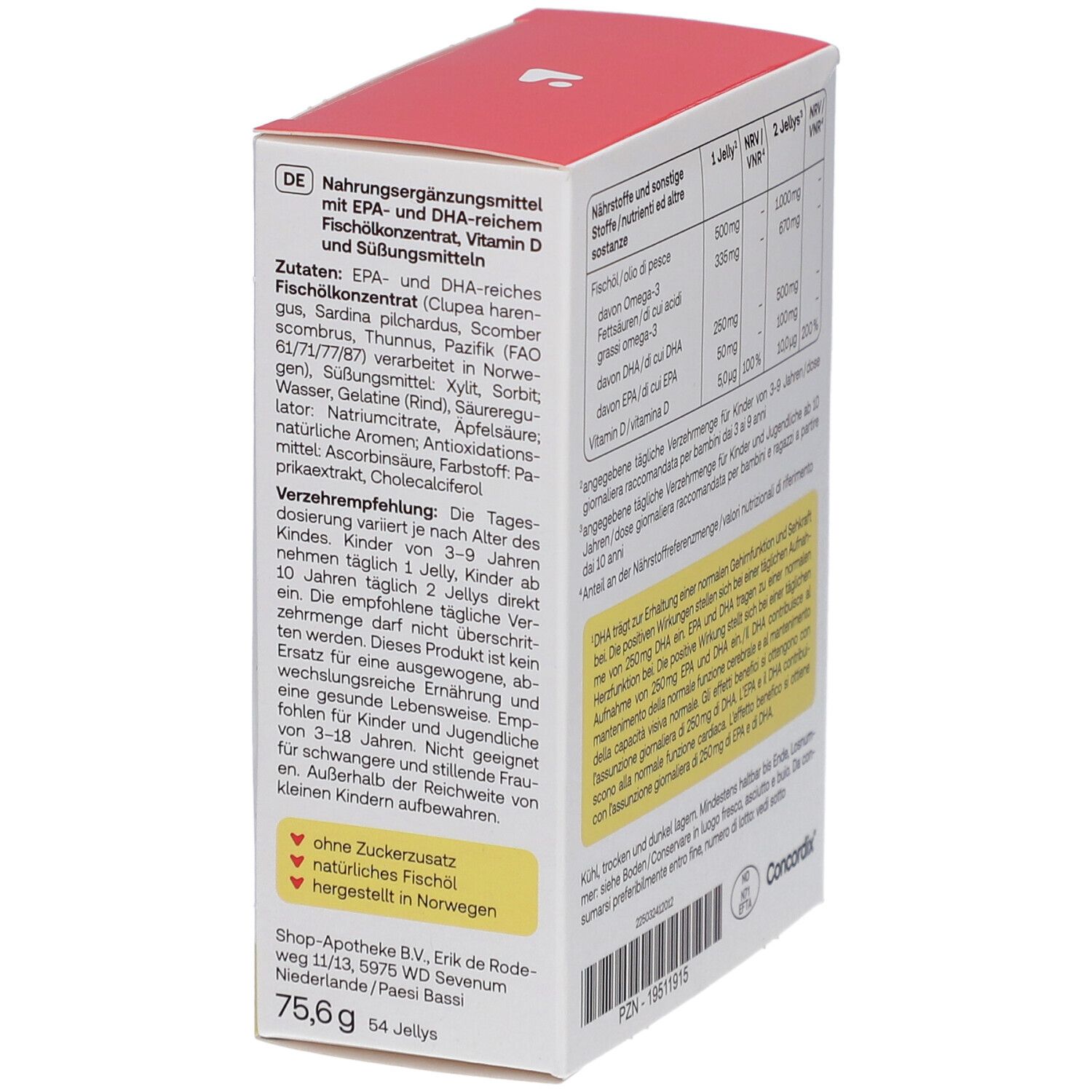 Retro della scatola con informazioni nutrizionali per Redcare Junior Omega-3 Jellys. Informazioni in tedesco.
