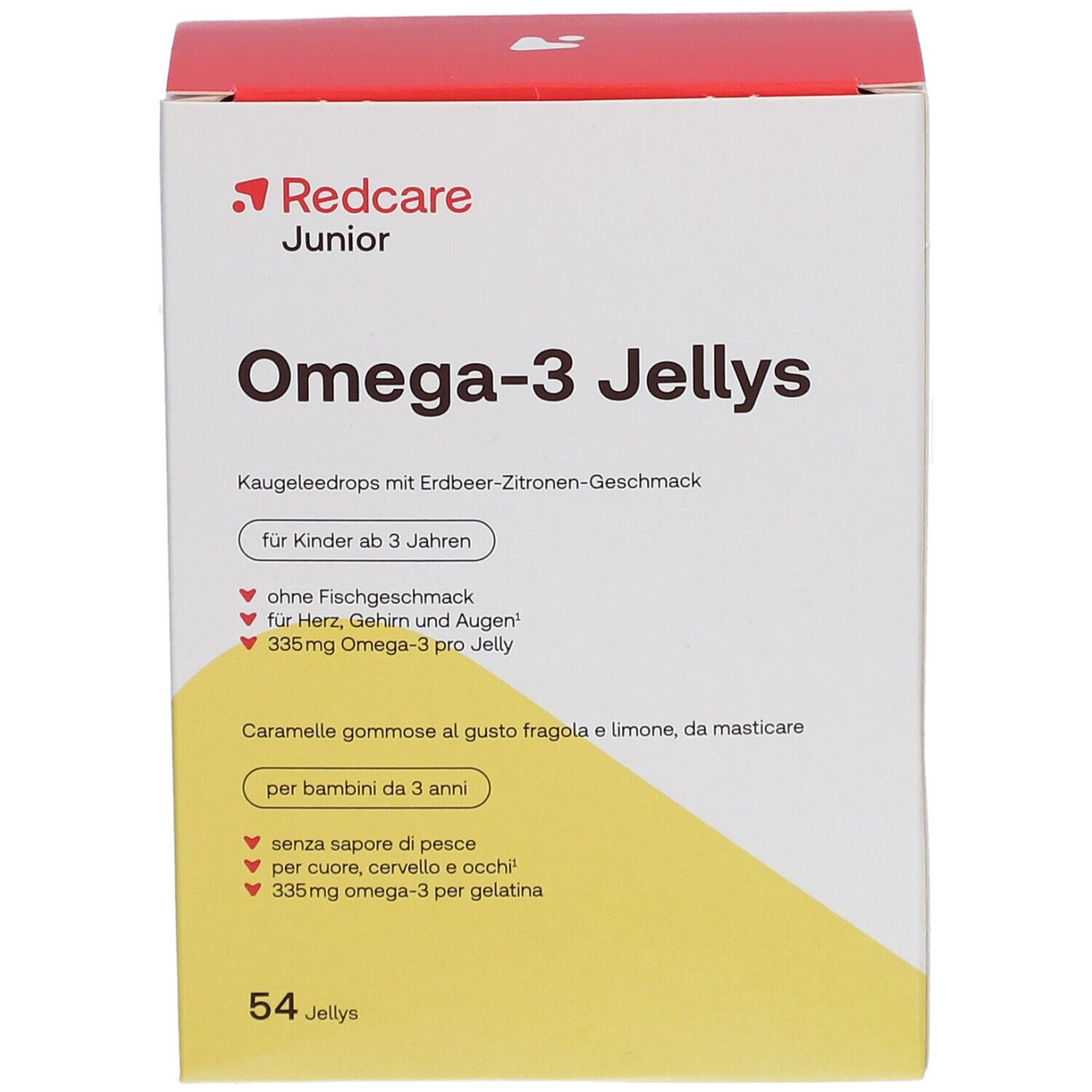 Scatola di Redcare Junior Omega-3 Jellys. Scritto: Omega-3 Jellys, per bambini dai 3 anni. 54 Jellys.
