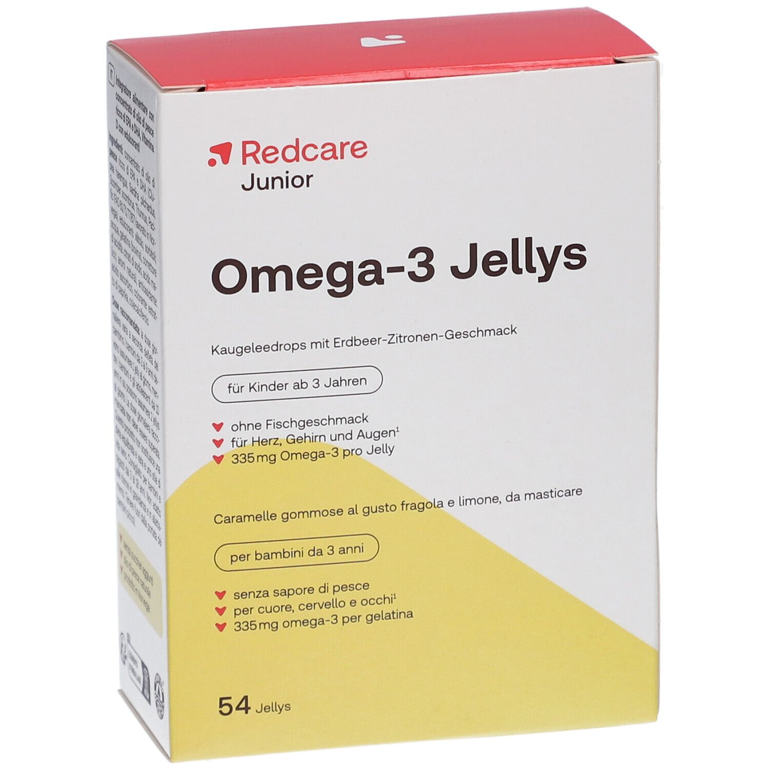 Scatola di Redcare Junior Omega-3 Jellys. Scritto: Omega-3 Jellys, per bambini dai 3 anni. 54 Jellys.