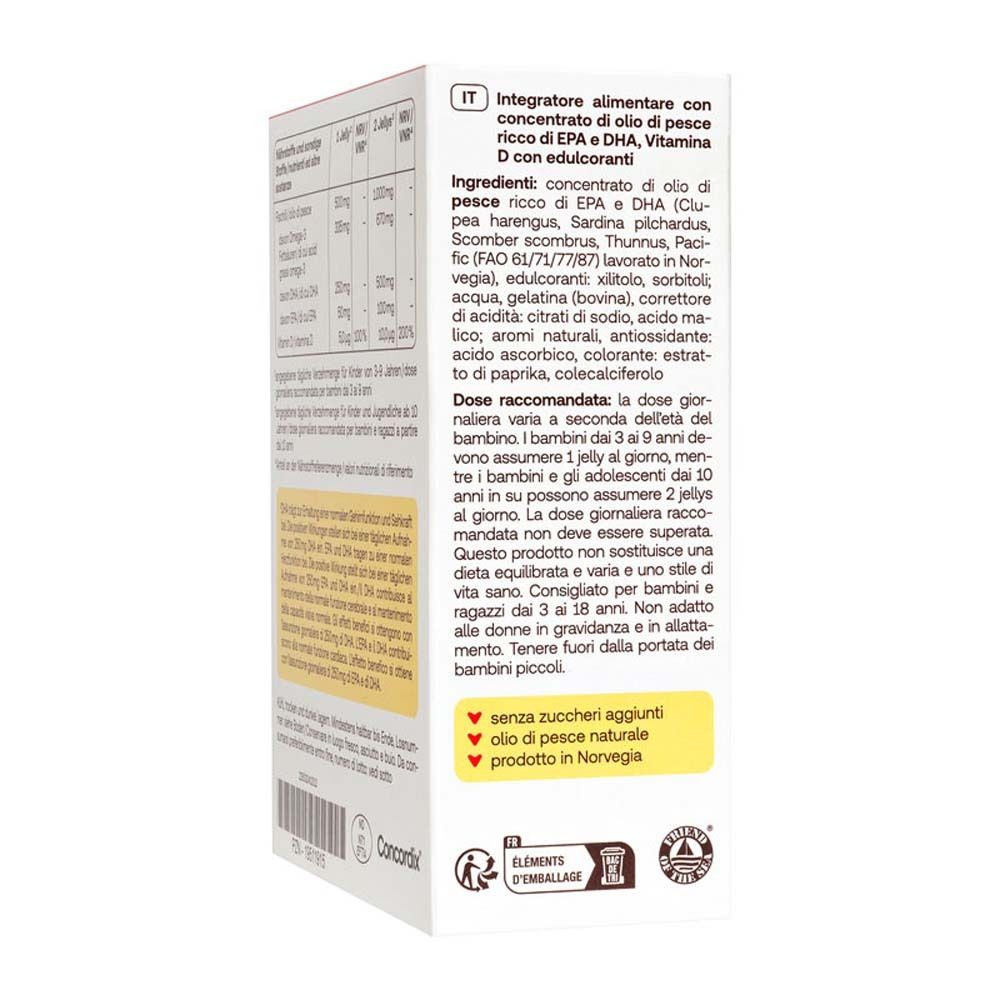 Vista laterale della confezione di Redcare Junior Omega-3 Jellys. Contiene testo e loghi.