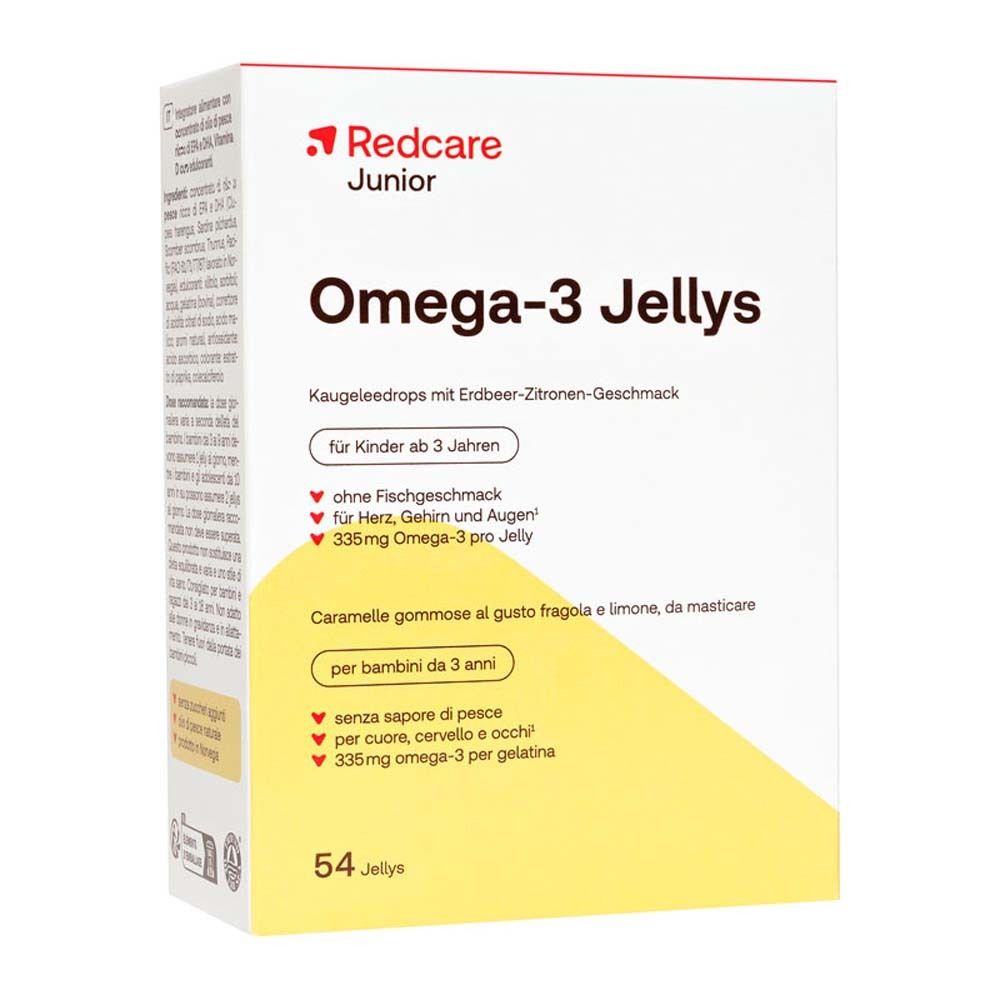 Confezione di Redcare Junior Omega-3 Jellys. Contiene 54 caramelle gommose. Testo: Omega-3 Jellys, per bambini dai 3 anni.