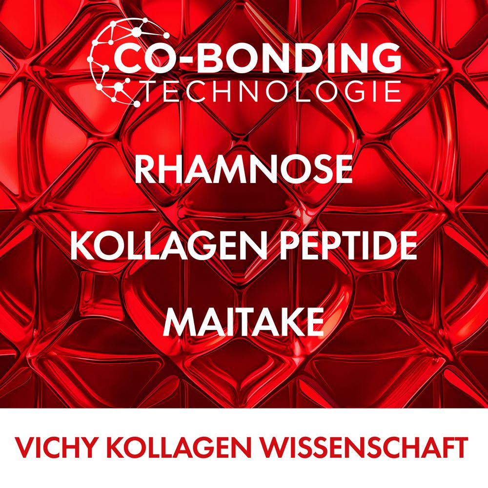 Sfondo rosso con testo. Tecnologia Co-Bonding, Ramnosio, Peptide di collagene, Maitake.