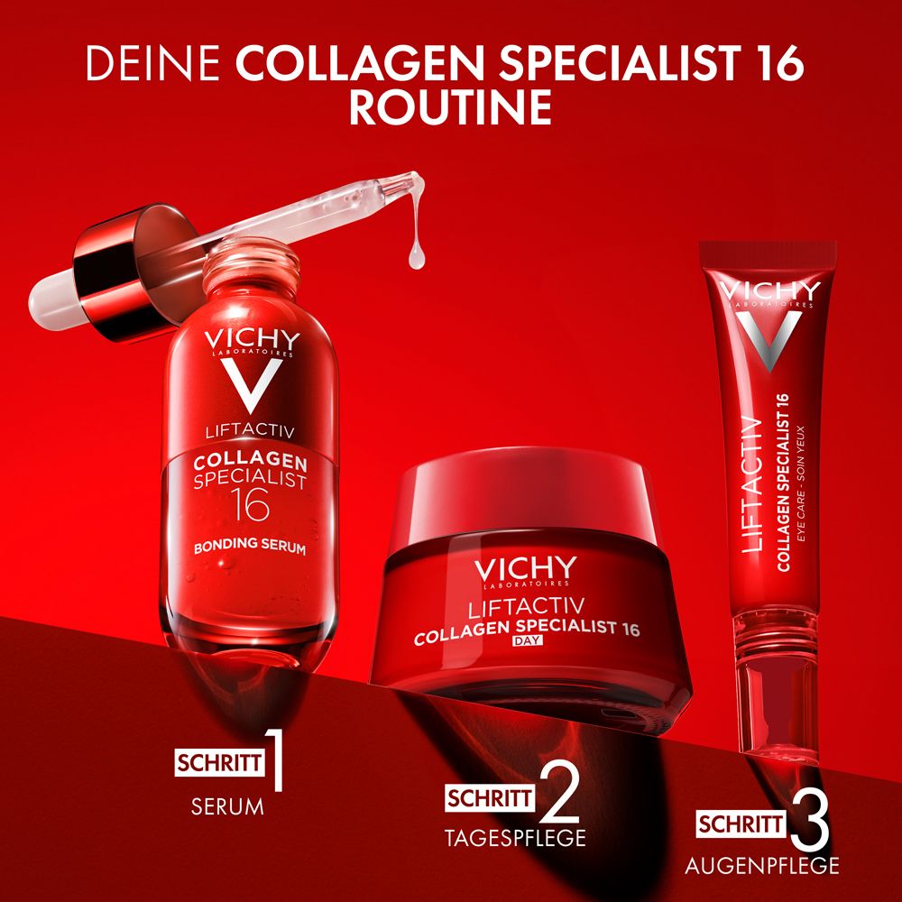 Tre prodotti: siero, trattamento giorno e contorno occhi. Vichy Liftactiv Collagen Specialist 16.