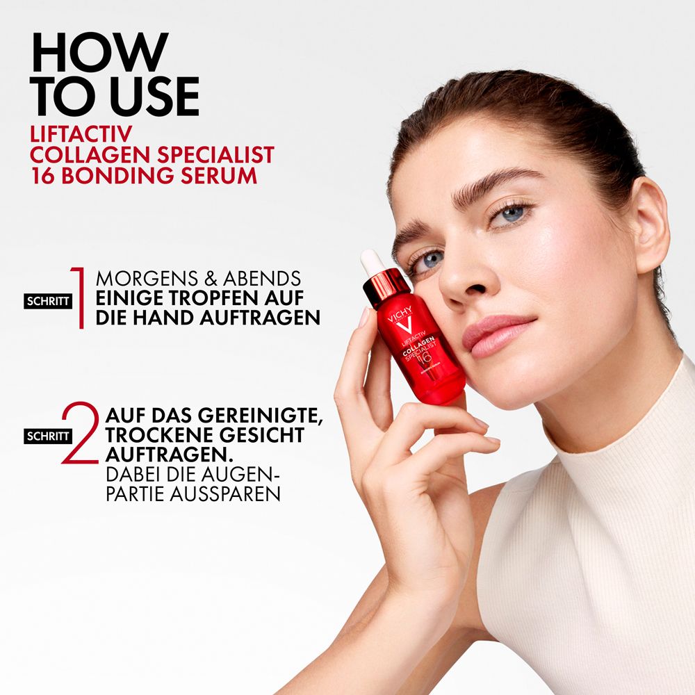 Donna tiene flacone. Utilizzo: Applicare mattina e sera. Vichy Liftactiv Collagen Specialist 16.