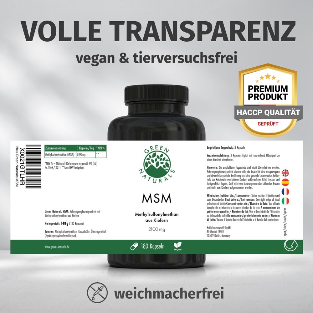 Green Naturals MSM: Barattolo con etichetta. Mostra 'Prodotto Premium', 'Qualità HACCP verificata', 'vegano & cruelty-free'.