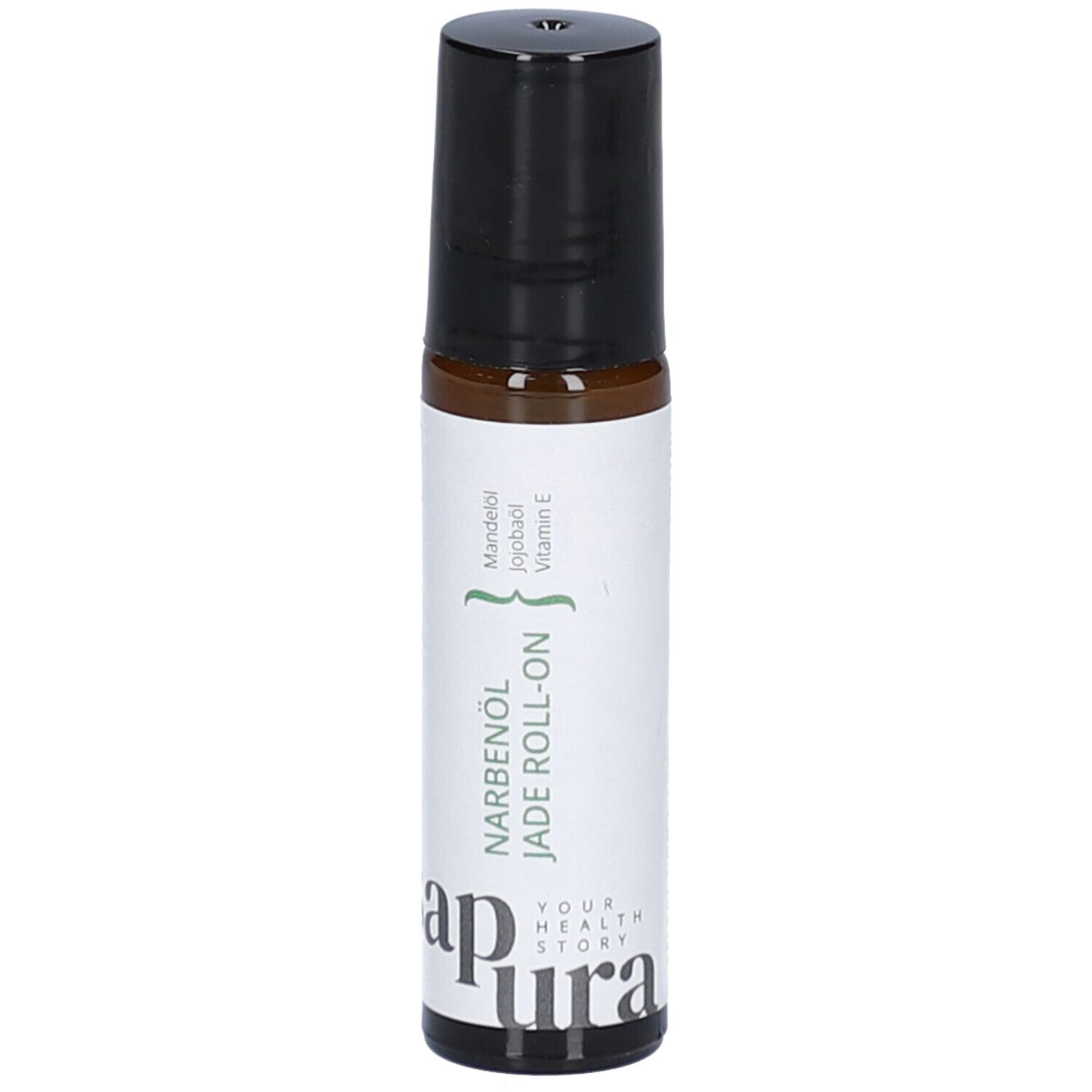 Flacone roll-on con tappo nero. Scritta: Narbenöl Jade Roll-on. Contiene olio di mandorle, olio di jojoba, vitamina E. Marchio: sapura.